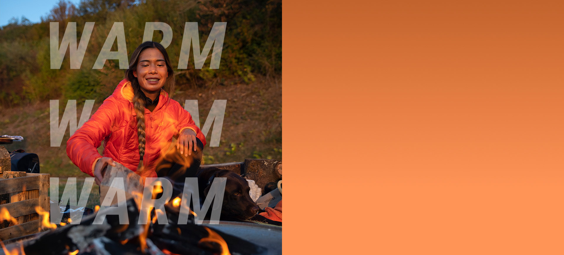 Woman at the campfire with winter jacket