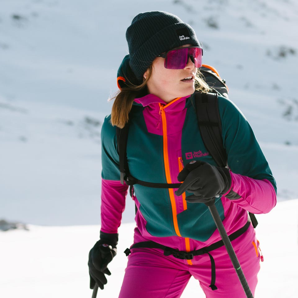 Close-up of a woman ski touring
